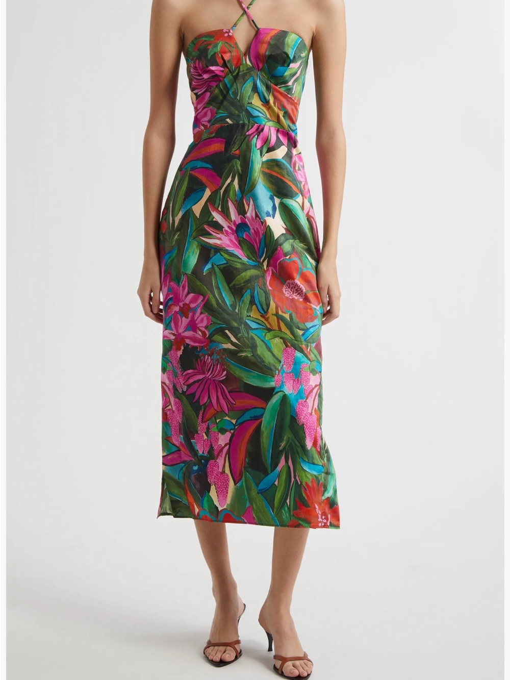 Jardin de Reve Cotton Midi Halter Dress Tropical Floral Print Size Small